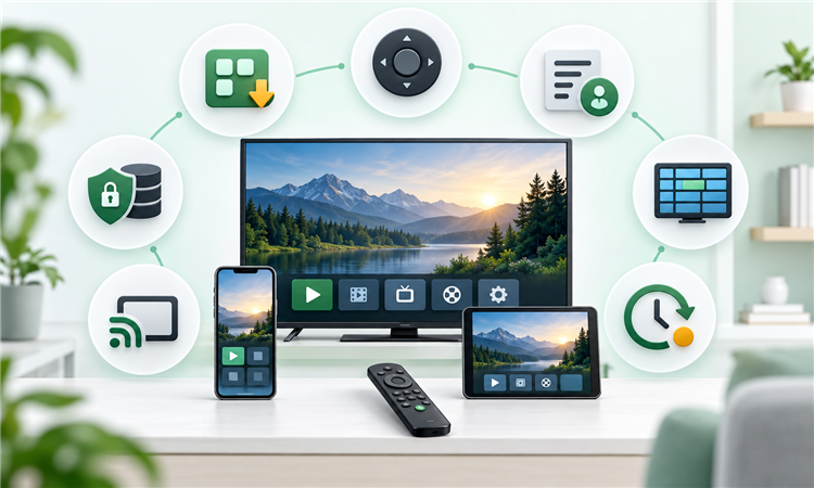 Android player evaluation criteria covering remote, source, guide, storage, catch-up, privacy, and support