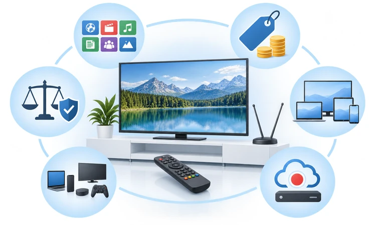 Cable TV alternative evaluation criteria covering channels, cost, devices, household viewing, recording, and authorized access