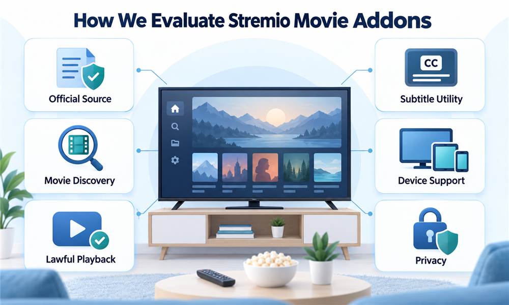 Evaluation criteria for lawful Stremio movie addons