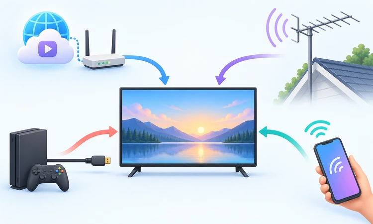 How streaming, antenna, HDMI, and mobile sources connect to a Roku TV
