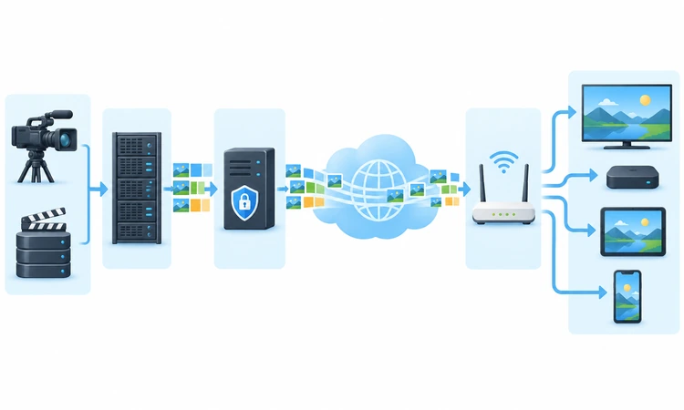 How a video source is encoded, delivered through an IP network, and decoded on viewing devices